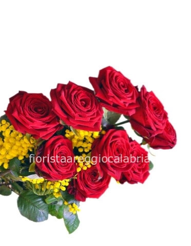 Rose rosse con mimosa